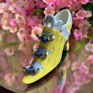 Authentic Limoges Yellow and Blue French Shoe With Green And Blue Ribbon Roses